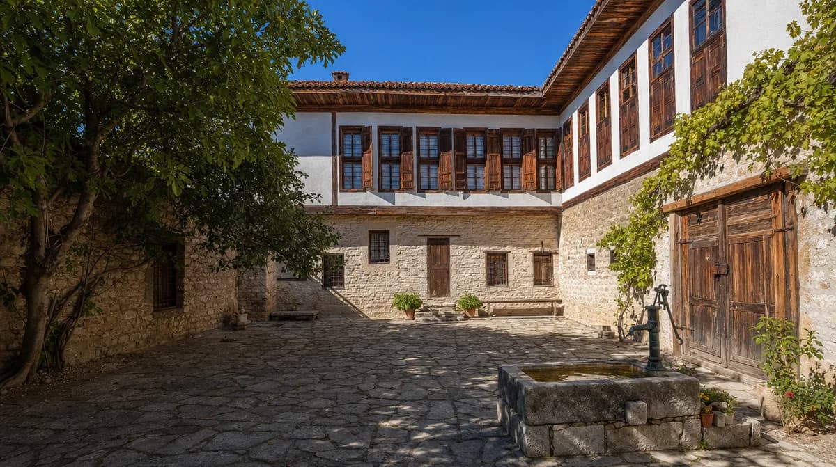 Yüksek taş duvarlarla çevrili, ortasında su ögesi bulunan ve odaların çevresine açıldığı gölgeli geleneksel Türk evi avlusu