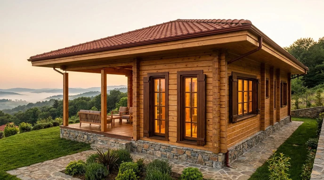 Modern bir çantı (kütük) Türk evi — köşe geçmeleriyle örülmüş yatay kütük duvarlar, taş subasman ve geniş saçaklı çatı, temiz ve yaşanılır