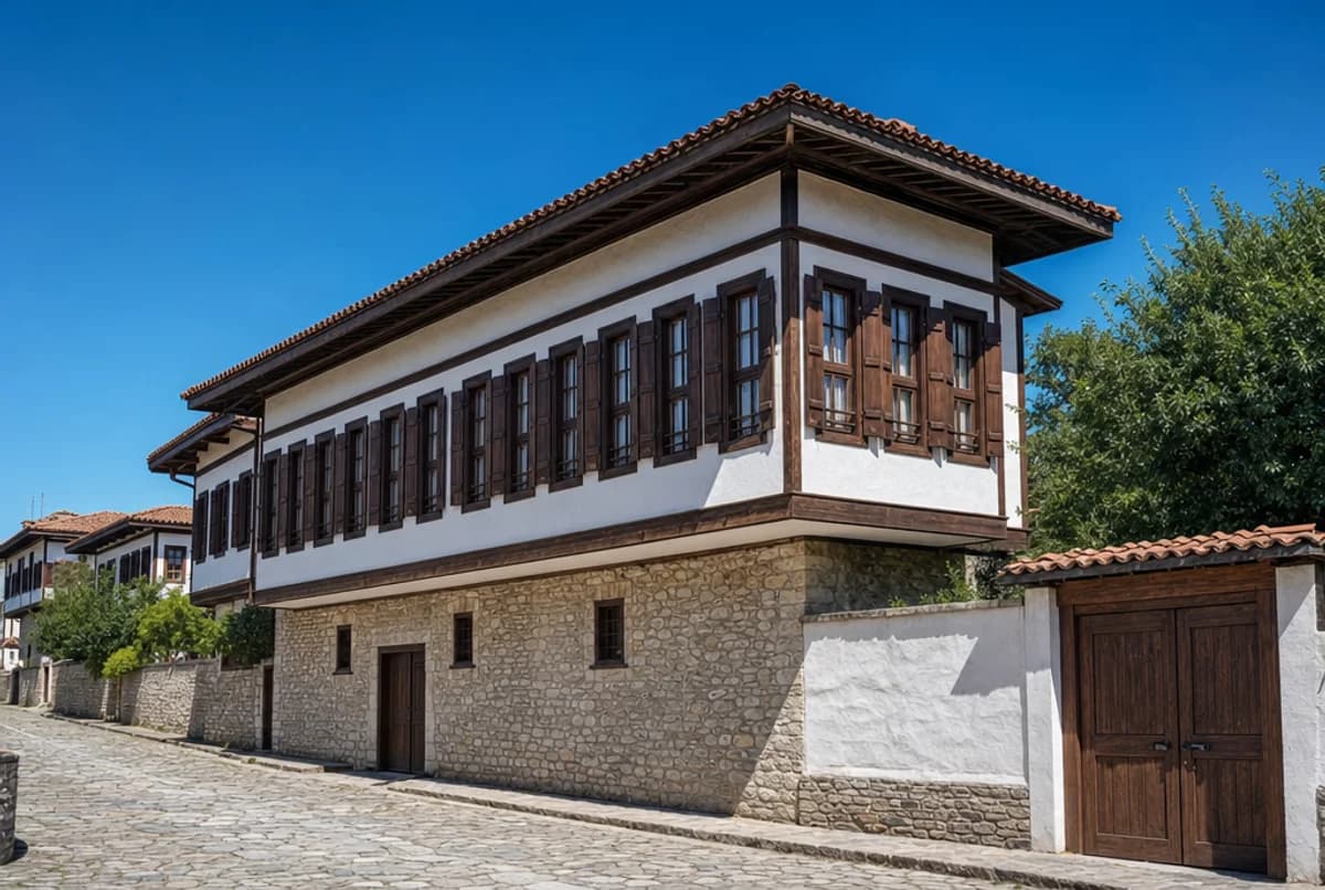 Koyu renkli ahşap çatkı çizgileriyle bölünmüş beyaz kireç sıvalı hımış cephesi ve payandasız, düz alt yüzeyli temiz konsolla sokağa taşırılmış üst kat çıkması