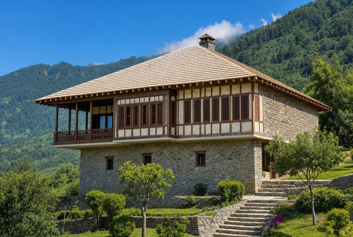 Dört omuz kırma çatısı yarılmış ladin hartama tahtalarıyla örtülü, arka duvarı taş kalkan duvar olarak çatıya kadar yükselen, vadiye açılan sofalı Doğu Karadeniz evi