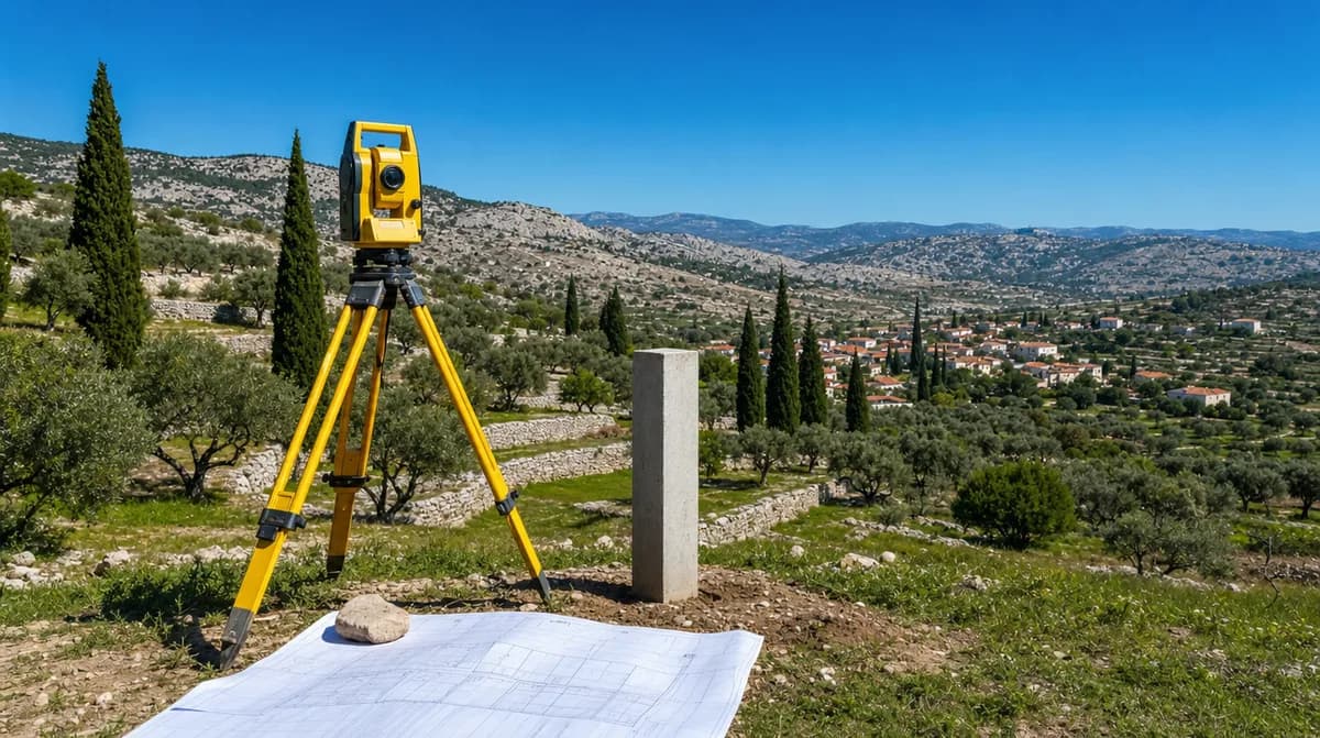 Anadolu arazisinde üçayak üzerine kurulmuş ölçüm aleti, yanında sınır taşı, önde açılmış aplikasyon krokisi, arkada zeytinlikler ve kireç taşı tepeler