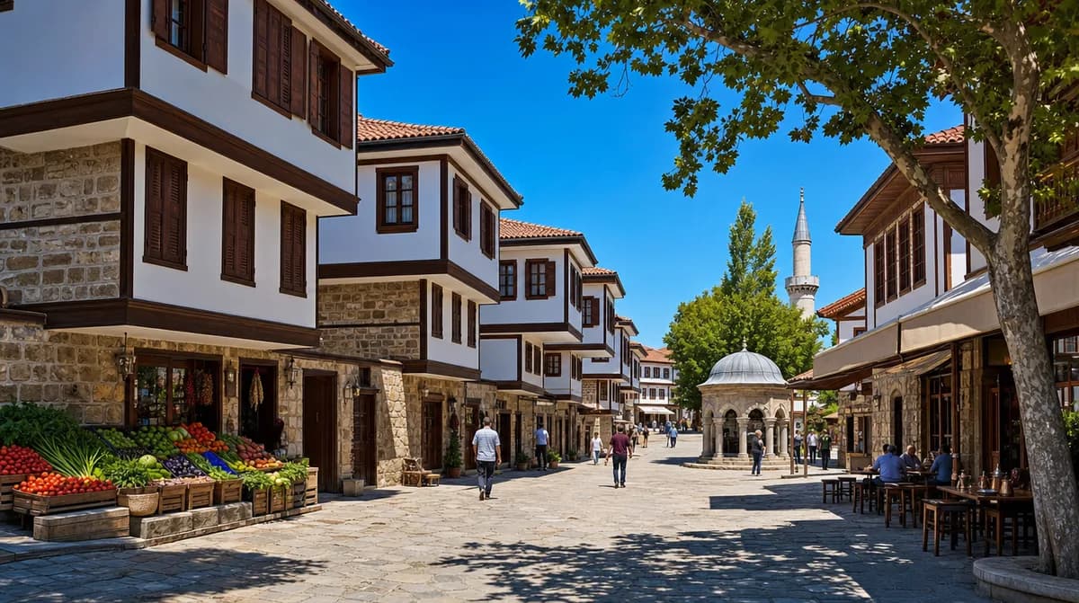 Taş döşeli kasaba çarşısında cumbalı Türk evleri; alt katlarında manav tezgâhı ve çay ocağı, meydanda şadırvan ve çınar gölgesi