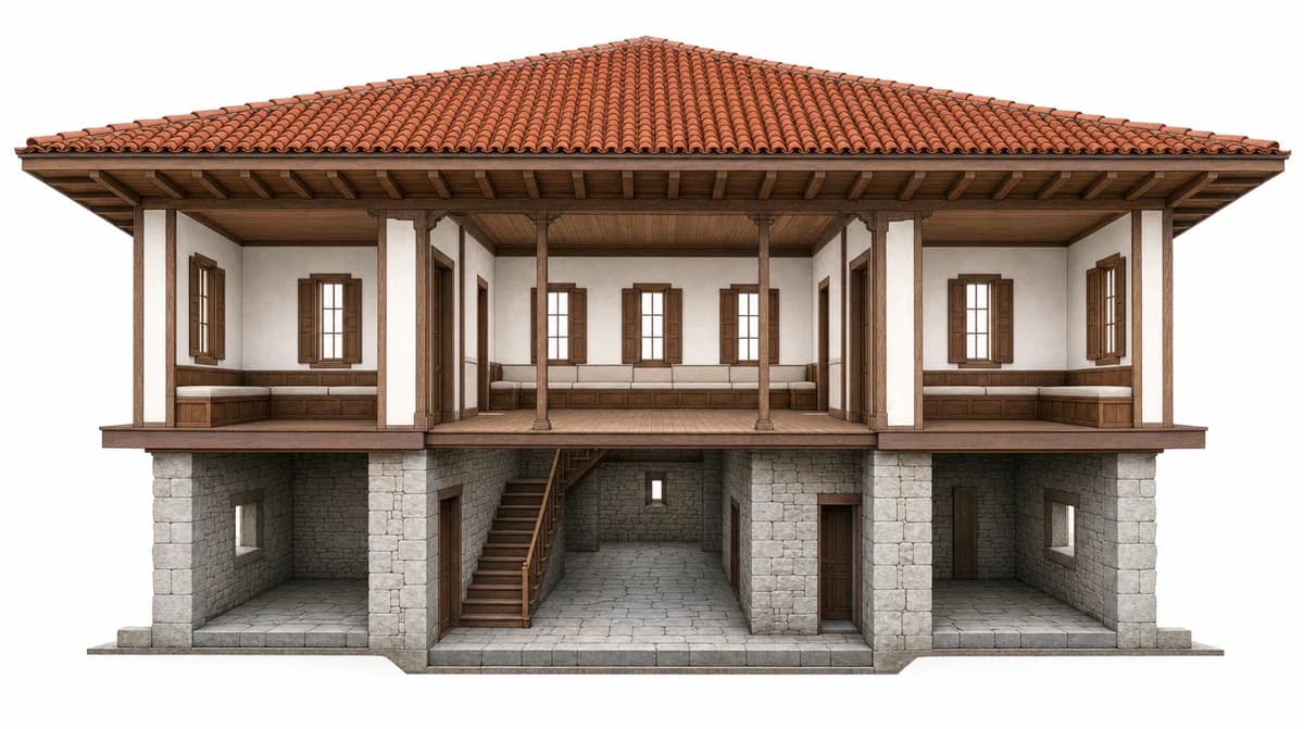 Alt katı taş hizmet katı, üst katı ahşap yaşam katı olan ve odaların ortak sofaya açıldığı geleneksel Türk evinin kesit görünümü
