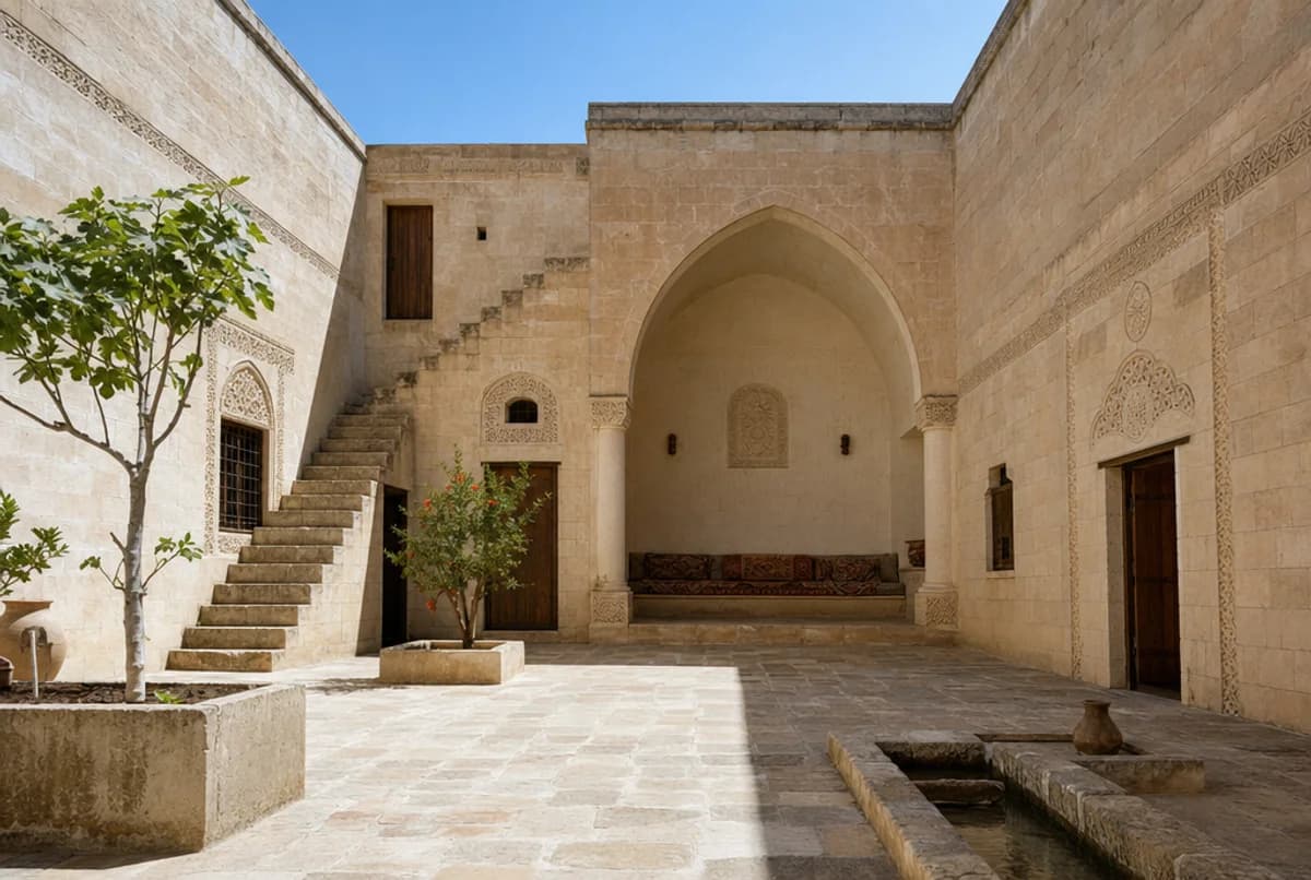 Mardin evinin sarı kalker avlusu ve avluya bir basamak yükseklikten açılan kemerli eyvanı