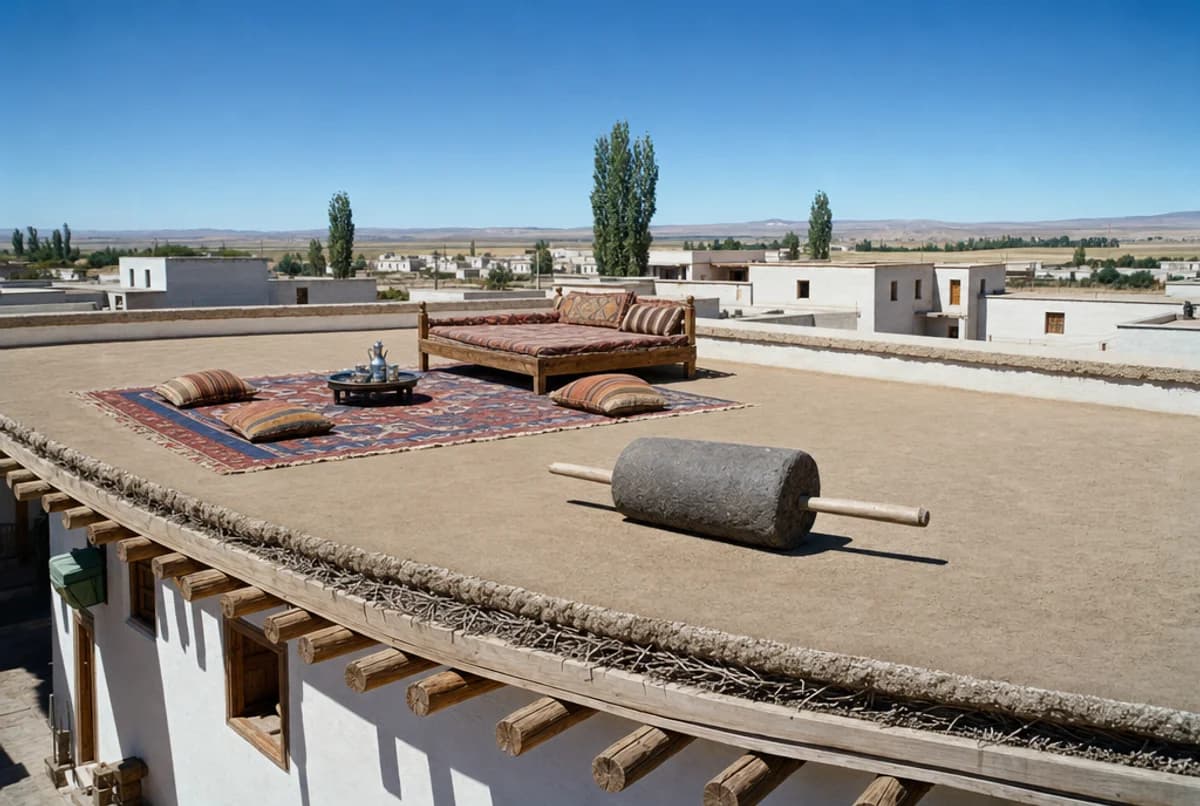Sıkıştırılmış toprak damın üstünde kilim, sedir ve damı bastırmakta kullanılan silindirik bazalt loğ taşı; dam kenarında ahşap hatıl, çalı ve toprak katmanları görünüyor