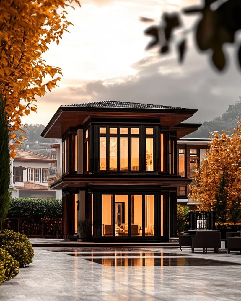 Akşam saatinde içi aydınlanmış iki katlı çağdaş Türk evi; üst katta cumba, geniş saçak ve ahşap doğramalı geniş pencereler