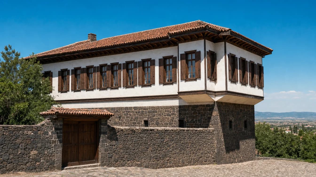İç Ege'de volkanik taş zemin üzerine kurulmuş cumbalı hımış Türk evi: kerpiç dolgulu ahşap çatkı ve kireç sıvalı üst kat