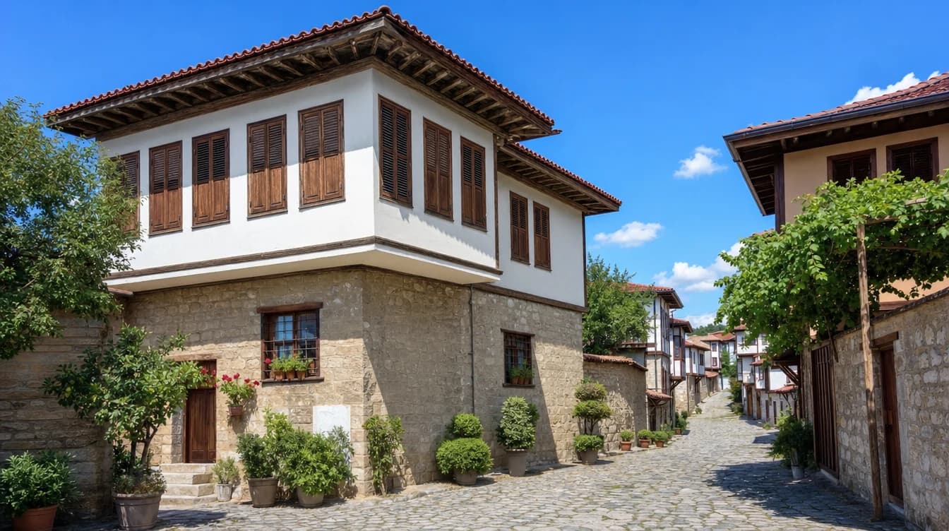 Bakımlı bir kasaba sokağında bahçesiyle birlikte duran, alt katı taş üst katı sıvalı iki katlı ev