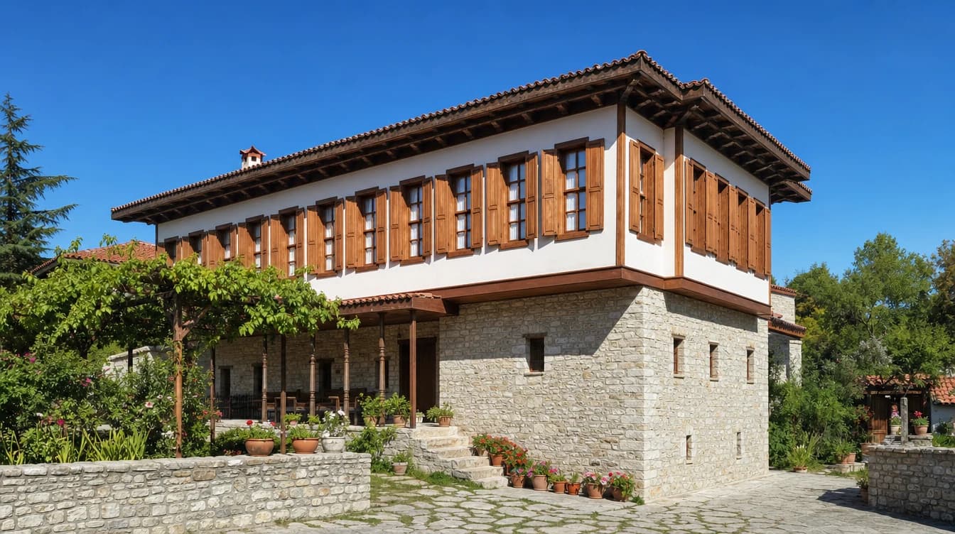 Restorasyonu tamamlanmış, bugün içinde yaşanan geleneksel Türk evi: bakımlı taş avlu, ahşap kepenkli pencere dizisi ve geniş saçak