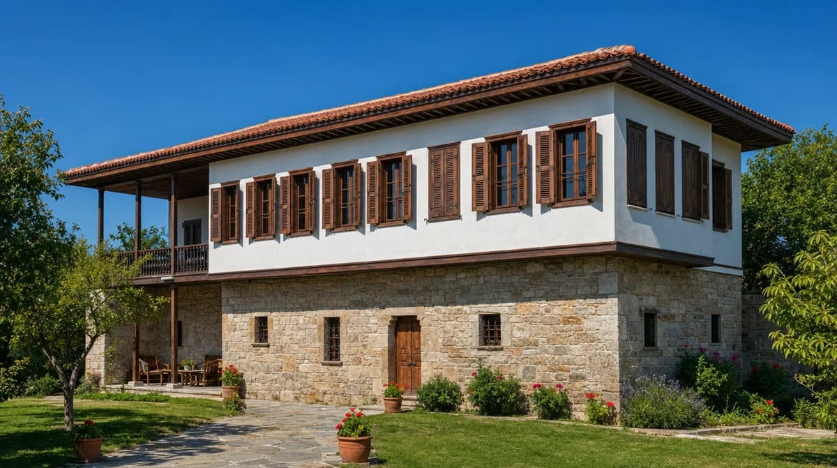 Onarılmış ve bugün içinde yaşanan Türk evi: yenilenen kepenkler, örtülü sofa ve bakımlı bahçe