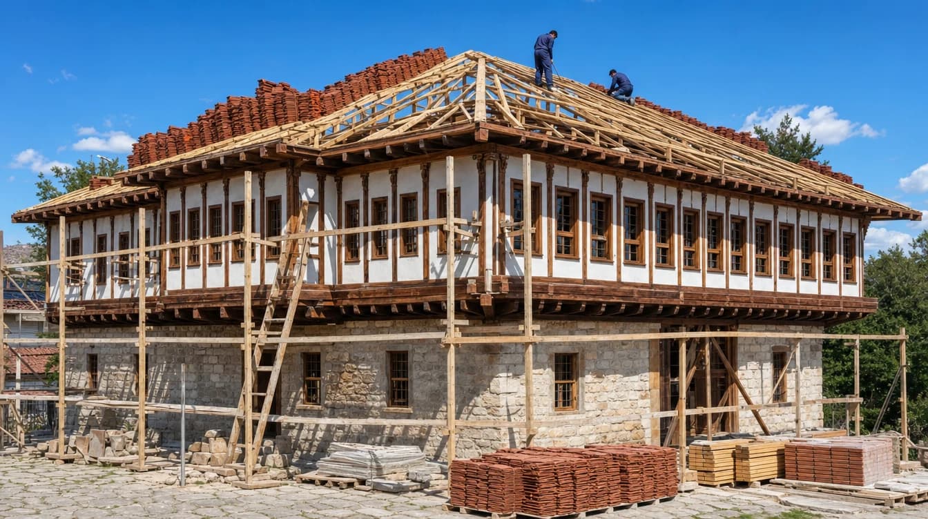 Kurul onayı sonrası restorasyonuna başlanan Türk evi: çatı makası kurulmuş, kiremitler istiflenmiş, ustalar çalışıyor
