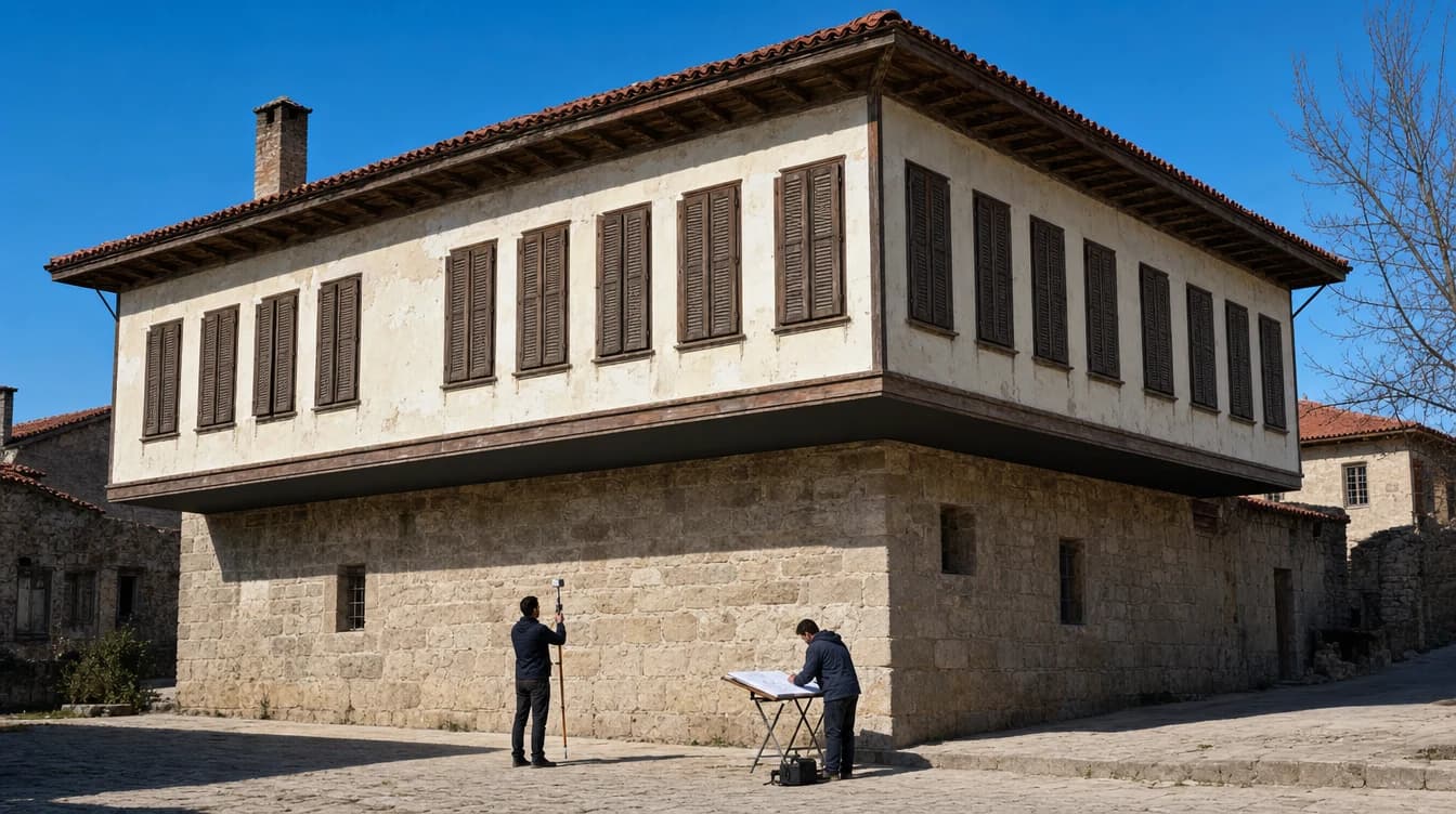 İki kişi geleneksel bir evin önünde rölöve çizimi yapıyor; biri ölçü alıyor, diğeri çizim masasında not tutuyor