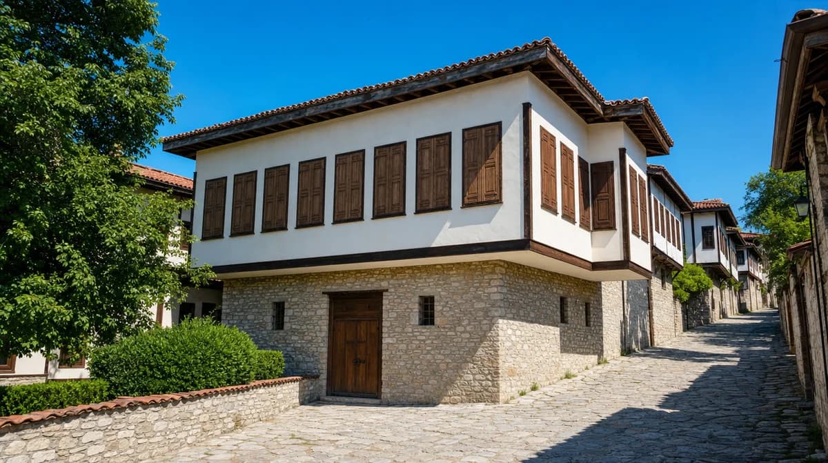 Safranbolu'da taş döşeli sokak boyunca sıralanan, beyaz üst katlı ve cumbalı konaklar