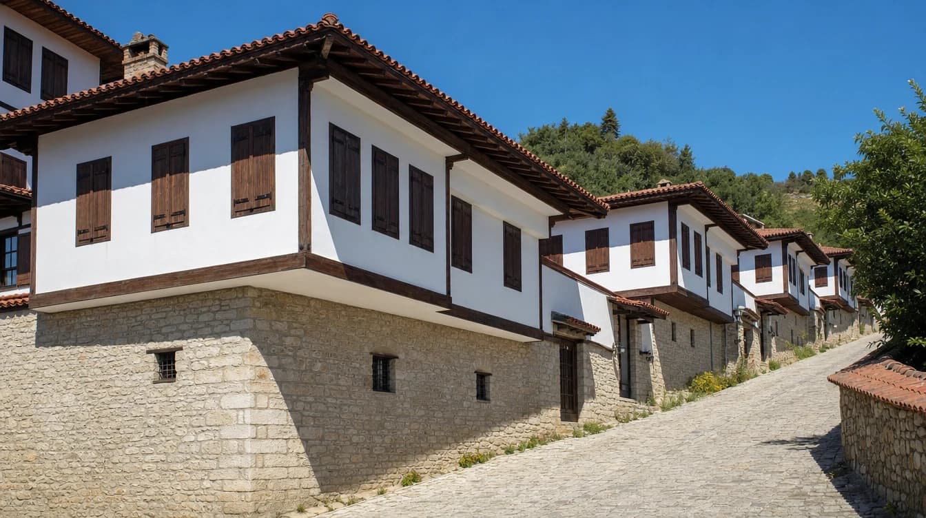Geleneksel bir kasabada iki katlı evlerin sıralandığı, yapı yüksekliğiyle orantılı genişlikte taş döşeli sokak