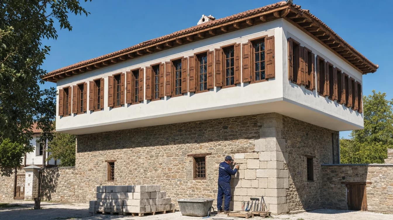 Tescilli bir Türk evinin taş zemin katında onarım yapan taş ustası: kesme taş, kireç harcı ve düzenli el aletleri