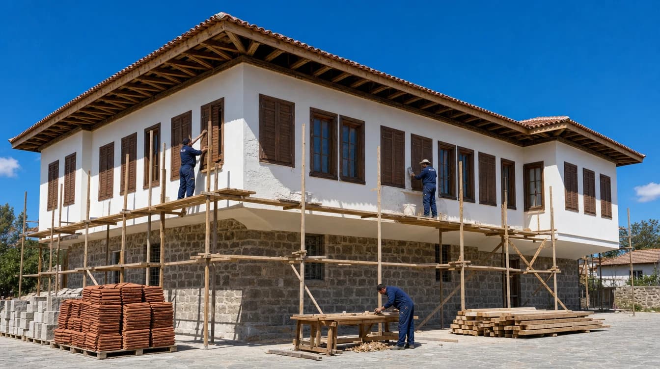 Restorasyon uygulaması süren geleneksel Türk evi: iskelede ustalar kepenk takıyor, kireç sıva uyguluyor ve ahşap doğrama işliyor