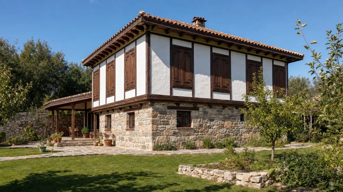 İki katlı çağdaş taş ev; alt katı yığma taş, üst katı ahşap çatkı, geniş saçağı ince kenarla biten bir yapı